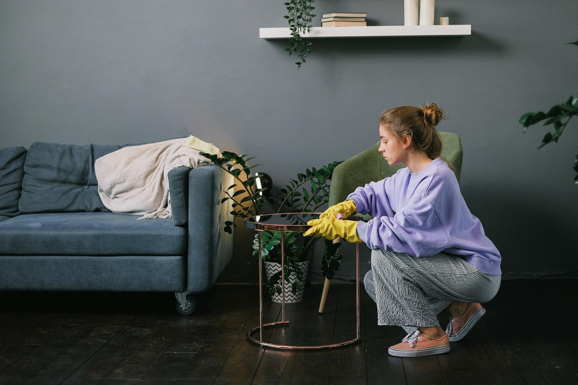 a woman cleaning the living room